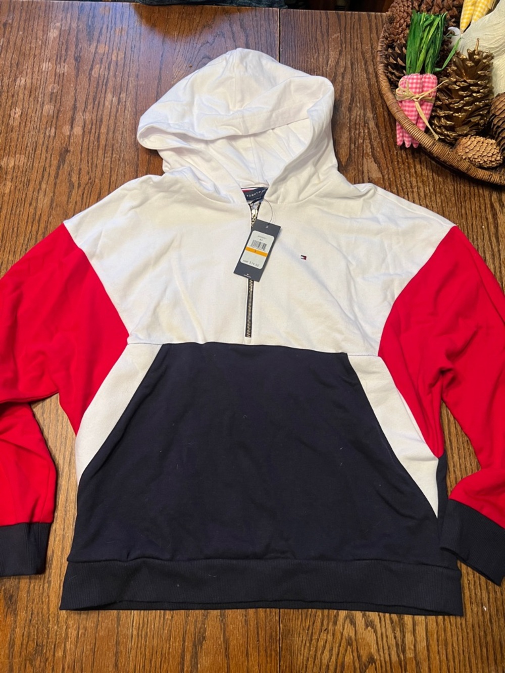 Tommy Hilfiger White, Red & Navy Colorblock Half-Zip Hooded Sweatshirt